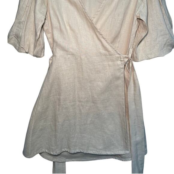 Faithfull The Brand NWOT Godiva Dress Wrap Linen Balloon Sleeves Beige Size 4 - Picture 6 of 12